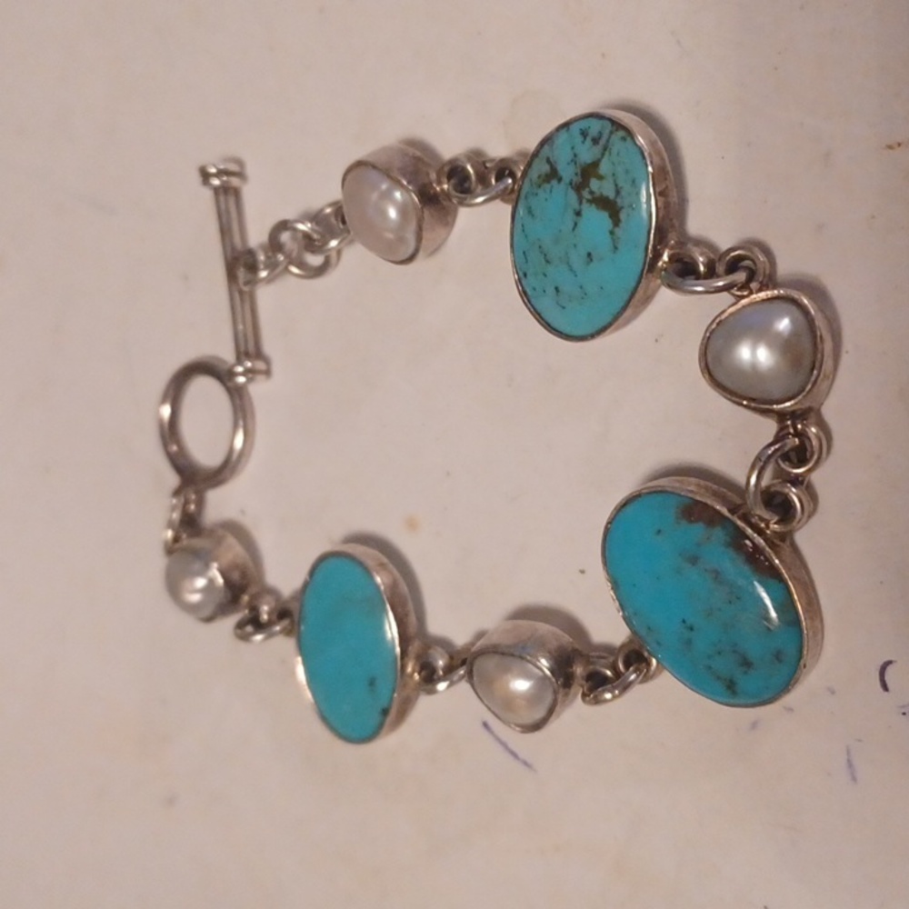 GENUINE TURQUOISE STERLING SILVER, MARKED 925 REAL PEARLS BRACELET NWOT - Picture 2 of 4
